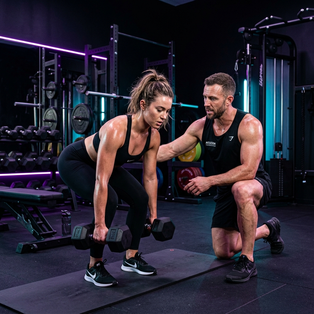 Personal trainer coaching a client with dumbbells in modern gym